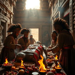 A detailed scene of the preservation ceremony of an Inca ruler, set in a grand ancient temple adorned with intricate carvings and colorful textiles