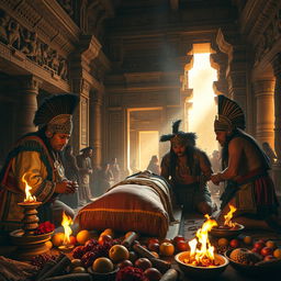 A detailed scene of the preservation ceremony of an Inca ruler, set in a grand ancient temple adorned with intricate carvings and colorful textiles