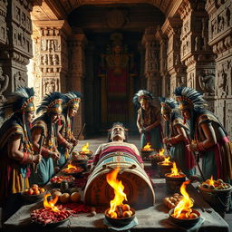 A detailed scene of the preservation ceremony of an Inca ruler, set in a grand ancient temple adorned with intricate carvings and colorful textiles