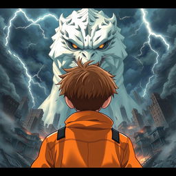 An anime-style illustration resembling a book cover for an action story, featuring a 14-year-old boy with short brown hair, wearing an orange jacket with black details, seen from the back