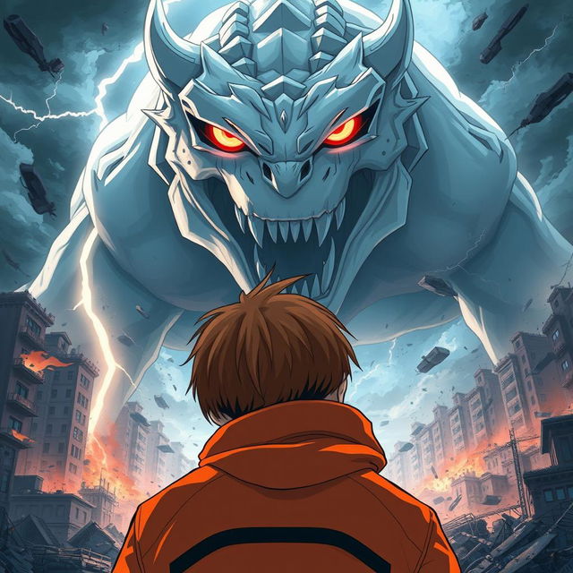 An anime-style illustration resembling a book cover for an action story, featuring a 14-year-old boy with short brown hair, wearing an orange jacket with black details, seen from the back