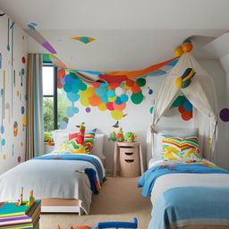 A vibrant and comfortable bedroom designed for two boys, incorporating elements of playfulness, fun, and childhood excitement.