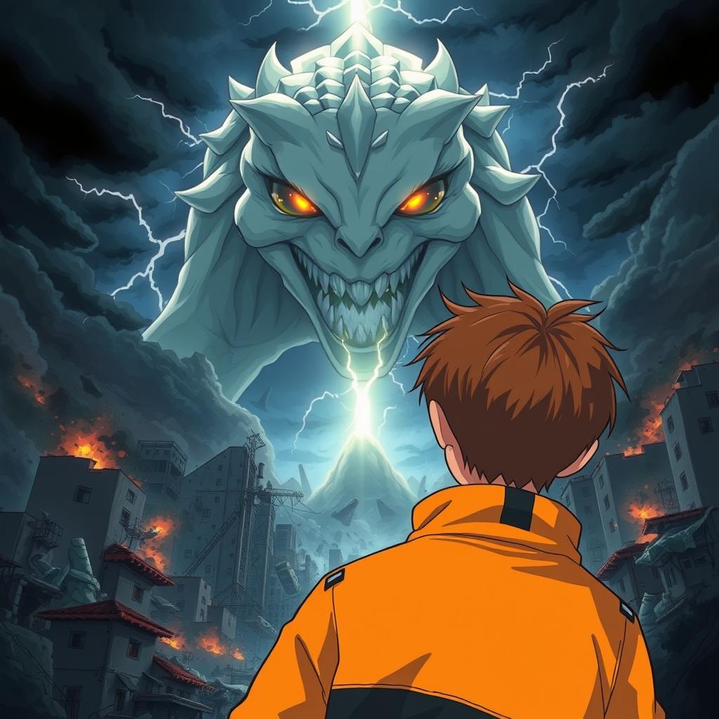 An anime-style illustration resembling a book cover for an action story, featuring a 14-year-old boy with short brown hair, wearing an orange jacket with black details, seen from the back