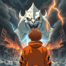 An anime-style illustration resembling a book cover for an action story, featuring a 14-year-old boy with short brown hair, wearing an orange jacket with black details, seen from the back