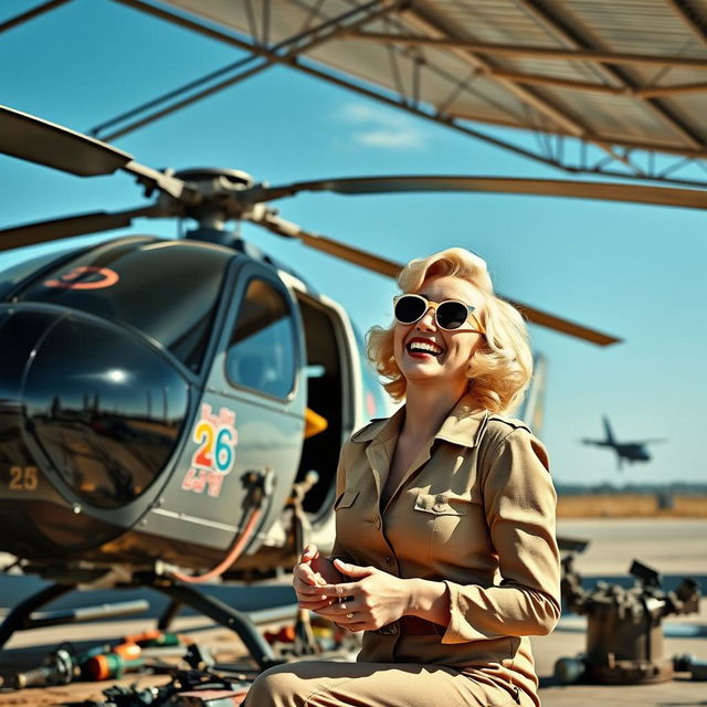 A whimsical and vibrant scene depicting a laughing Marilyn Monroe, dressed in a stylish, retro outfit, happily repairing a vintage helicopter in an open-air hangar