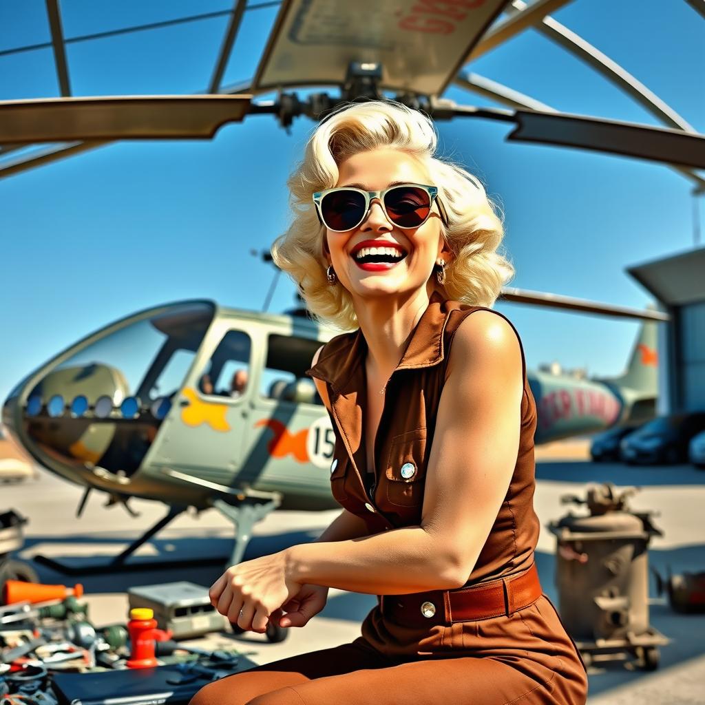 A whimsical and vibrant scene depicting a laughing Marilyn Monroe, dressed in a stylish, retro outfit, happily repairing a vintage helicopter in an open-air hangar