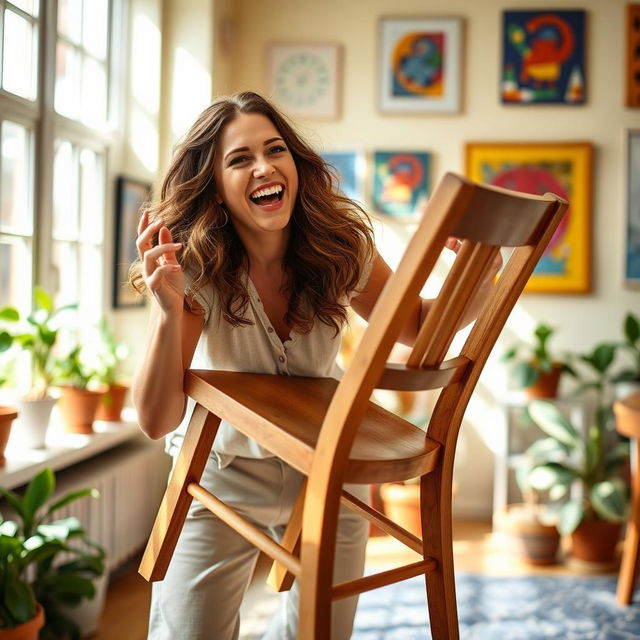 A lively and humorous scene featuring Sarah Michelle Gellar, laughing joyfully as she playfully throws a wooden chair in a bright and cheerful room