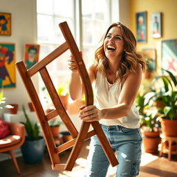A lively and humorous scene featuring Sarah Michelle Gellar, laughing joyfully as she playfully throws a wooden chair in a bright and cheerful room