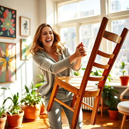 A lively and humorous scene featuring Sarah Michelle Gellar, laughing joyfully as she playfully throws a wooden chair in a bright and cheerful room