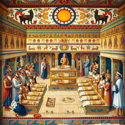 A vibrant fresco depicting a scene of Incas venerating the mummies of their emperors, set in a beautifully decorated ancient temple