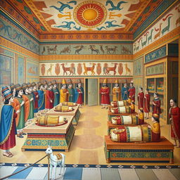 A vibrant fresco depicting a scene of Incas venerating the mummies of their emperors, set in a beautifully decorated ancient temple