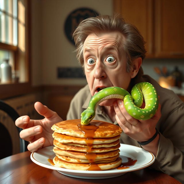 A comical and surreal scene featuring Christopher Walken, expressing a humorous disdain for pancakes while holding a pet snake in his other hand