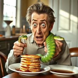 A comical and surreal scene featuring Christopher Walken, expressing a humorous disdain for pancakes while holding a pet snake in his other hand