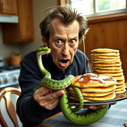 A comical and surreal scene featuring Christopher Walken, expressing a humorous disdain for pancakes while holding a pet snake in his other hand