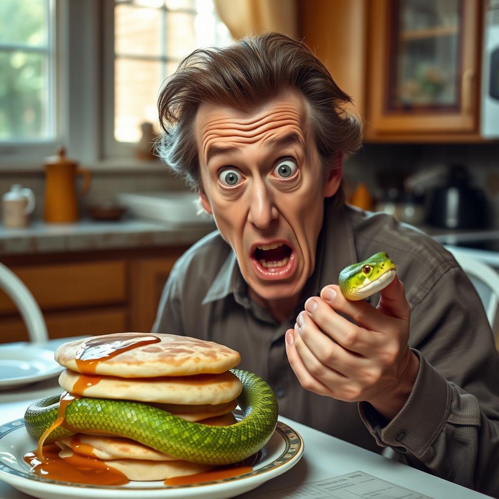 A comical and surreal scene featuring Christopher Walken, expressing a humorous disdain for pancakes while holding a pet snake in his other hand