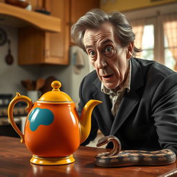 A hyper-realistic portrayal of Christopher Walken, exhibiting a comical fear of a whimsical teapot shaped like a snake