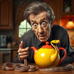 A hyper-realistic portrayal of Christopher Walken, exhibiting a comical fear of a whimsical teapot shaped like a snake