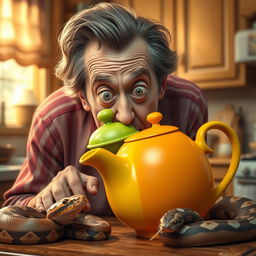 A hyper-realistic portrayal of Christopher Walken, exhibiting a comical fear of a whimsical teapot shaped like a snake