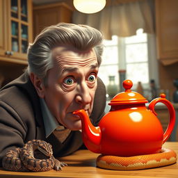 A hyper-realistic portrayal of Christopher Walken, exhibiting a comical fear of a whimsical teapot shaped like a snake