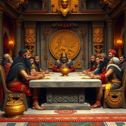 An intricate scene depicting the power dynamics among the Inca panacas during a council meeting