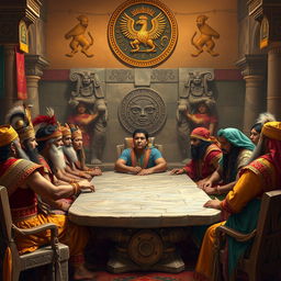 An intricate scene depicting the power dynamics among the Inca panacas during a council meeting