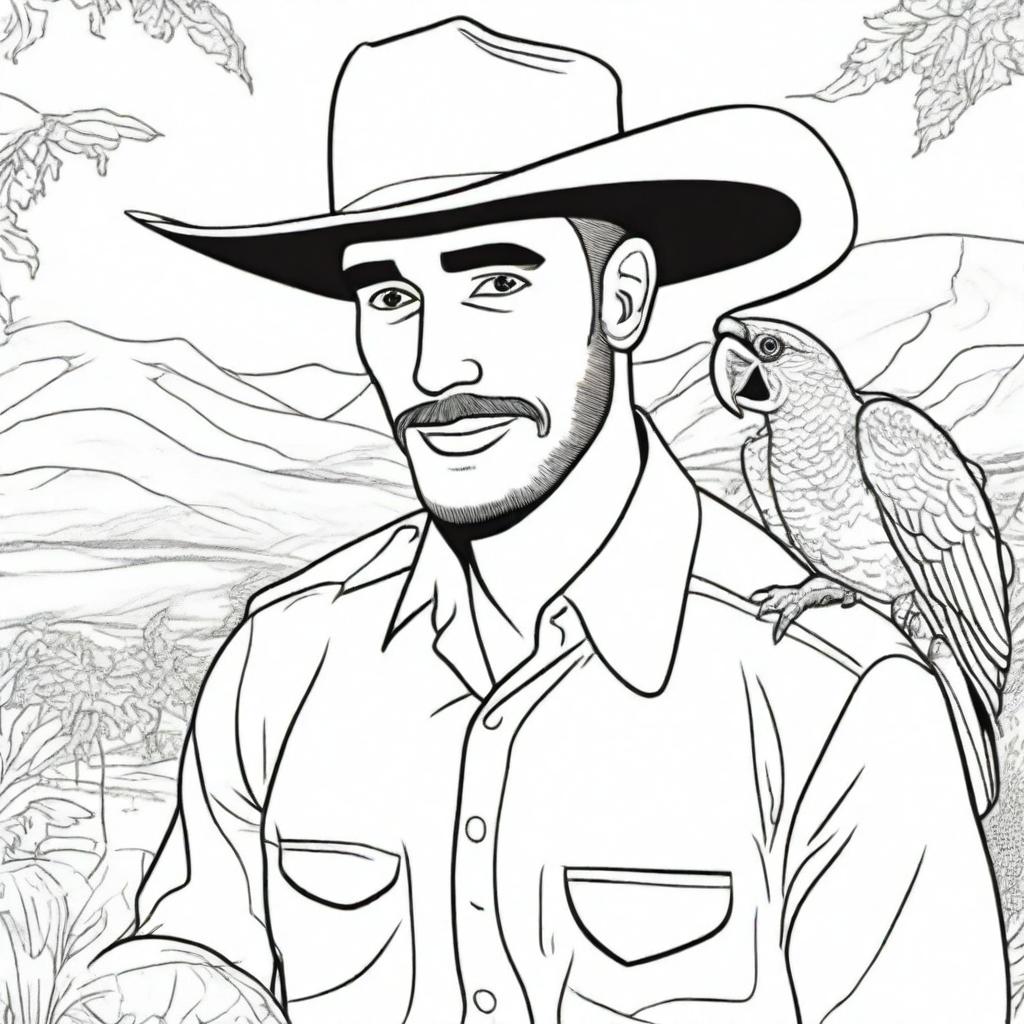 A cowboy, sporting a wide-brimmed hat, shares a moment with a parrot perched on his finger, depicted in a detailed wild-western backdrop ready for colouring