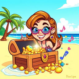 A vibrant and playful cartoon depiction of Dua Lipa, illustrated in a fun and colorful style, as she discovers a sparkling treasure chest on a tropical beach