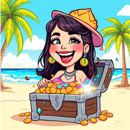 A vibrant and playful cartoon depiction of Dua Lipa, illustrated in a fun and colorful style, as she discovers a sparkling treasure chest on a tropical beach