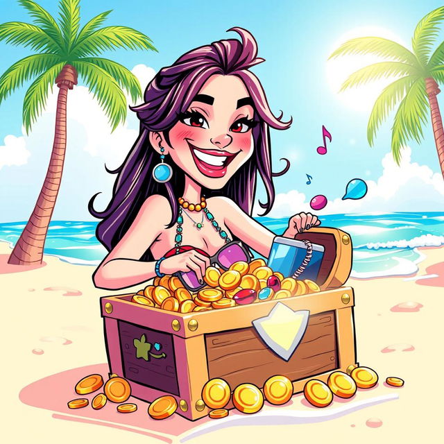 A vibrant and playful cartoon depiction of Dua Lipa, illustrated in a fun and colorful style, as she discovers a sparkling treasure chest on a tropical beach