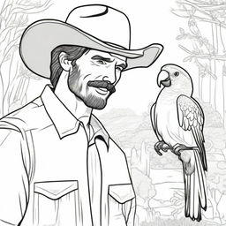 A cowboy, sporting a wide-brimmed hat, shares a moment with a parrot perched on his finger, depicted in a detailed wild-western backdrop ready for colouring