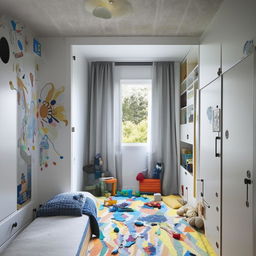 A vibrant and comfortable bedroom designed for two boys, incorporating elements of playfulness, fun, and childhood excitement.