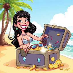 A vibrant and playful cartoon depiction of Dua Lipa, illustrated in a fun and colorful style, as she discovers a sparkling treasure chest on a tropical beach