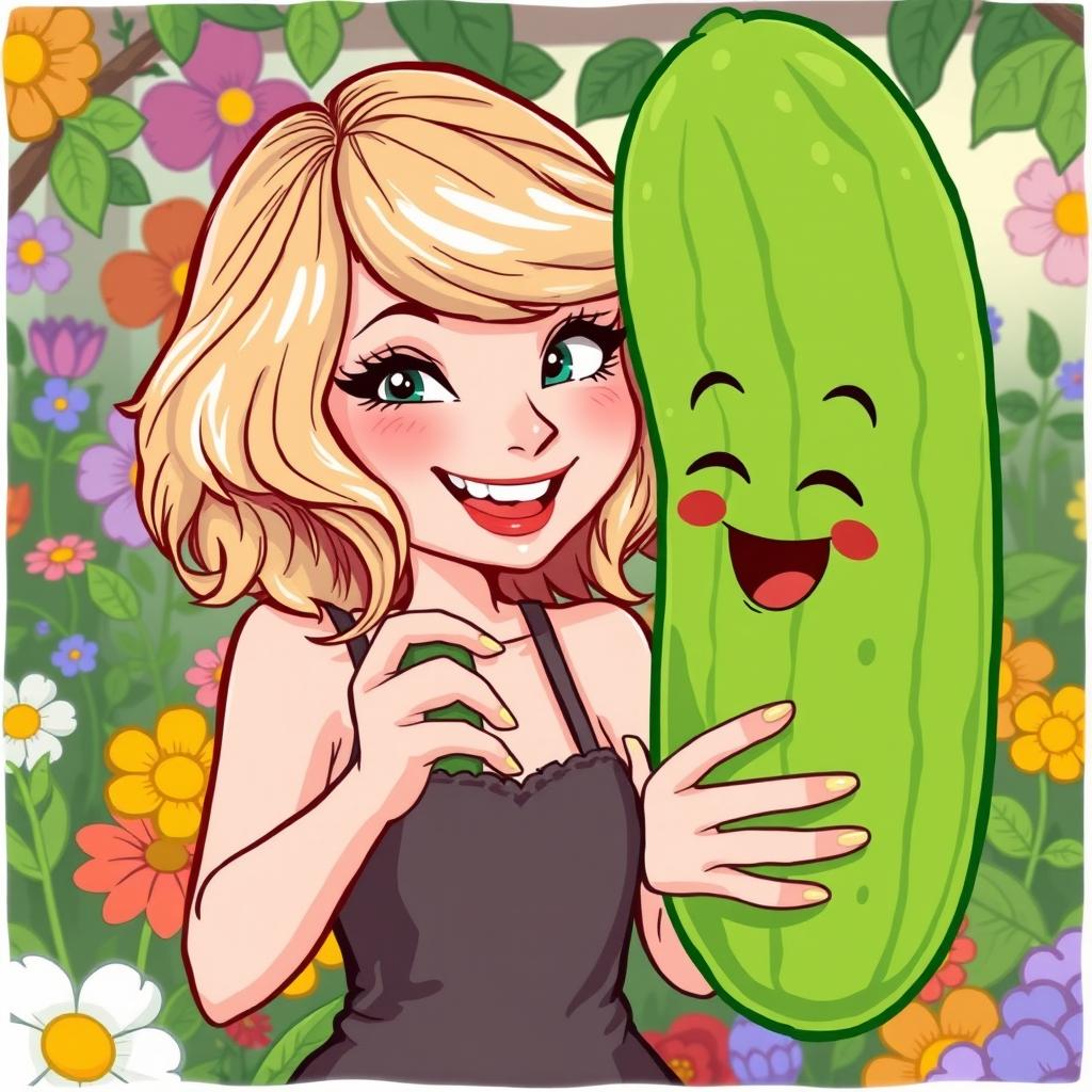 A playful and lighthearted illustration of Taylor Swift, depicted in a fun, cartoonish style, playfully interacting with a cucumber in a humorous way