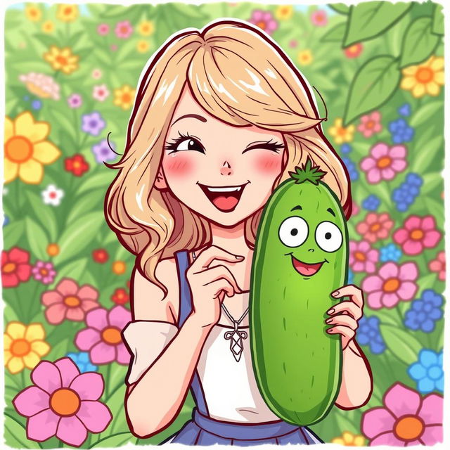 A playful and lighthearted illustration of Taylor Swift, depicted in a fun, cartoonish style, playfully interacting with a cucumber in a humorous way