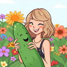 A playful and lighthearted illustration of Taylor Swift, depicted in a fun, cartoonish style, playfully interacting with a cucumber in a humorous way