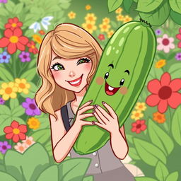 A playful and lighthearted illustration of Taylor Swift, depicted in a fun, cartoonish style, playfully interacting with a cucumber in a humorous way