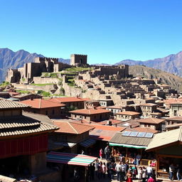 A breathtaking view of the architecture of Cusco at its height during the Inca Empire, showcasing the magnificent stone buildings and temples that define the city