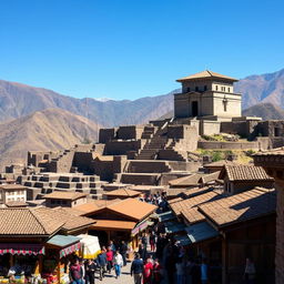 A breathtaking view of the architecture of Cusco at its height during the Inca Empire, showcasing the magnificent stone buildings and temples that define the city