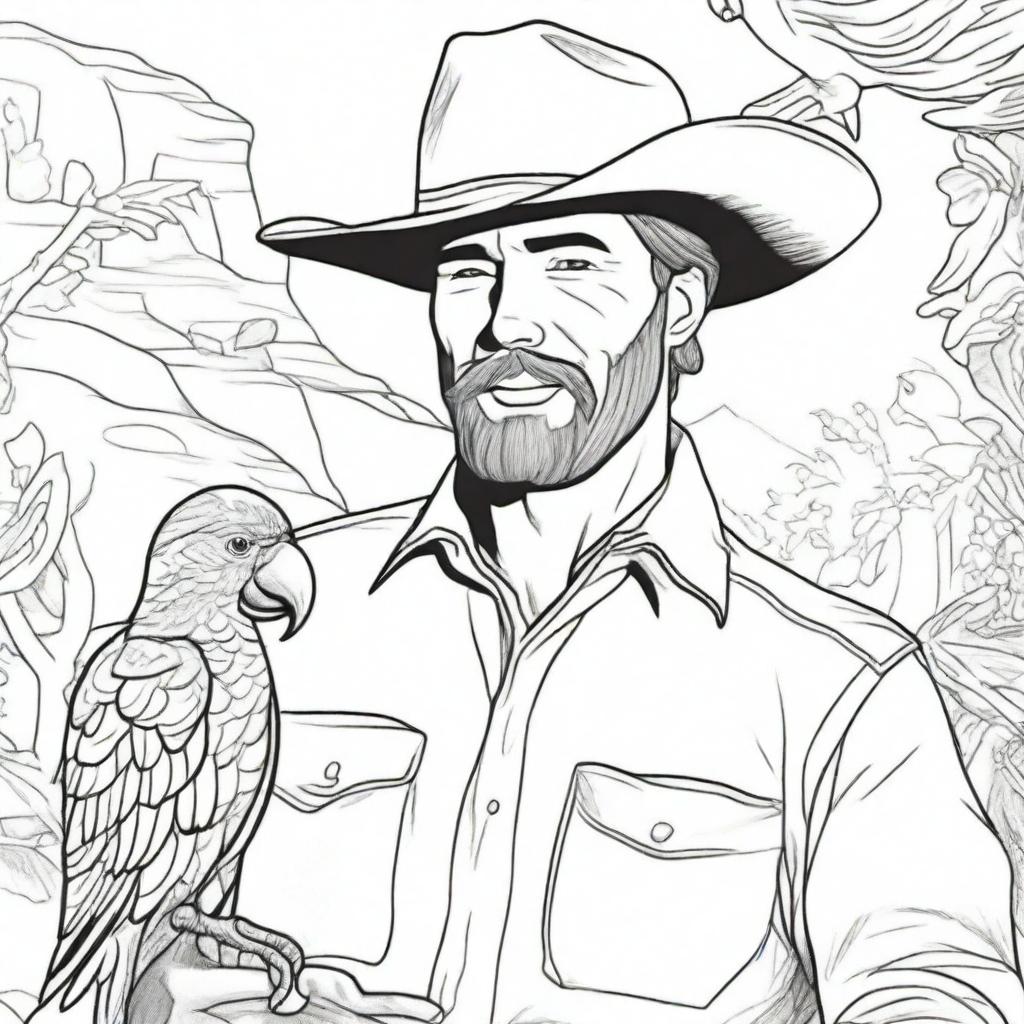 A cowboy, sporting a wide-brimmed hat, shares a moment with a parrot perched on his finger, depicted in a detailed wild-western backdrop ready for colouring