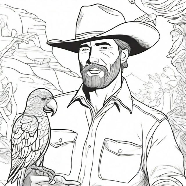 A cowboy, sporting a wide-brimmed hat, shares a moment with a parrot perched on his finger, depicted in a detailed wild-western backdrop ready for colouring