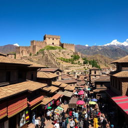 A breathtaking view of the architecture of Cusco at its height during the Inca Empire, showcasing the magnificent stone buildings and temples that define the city