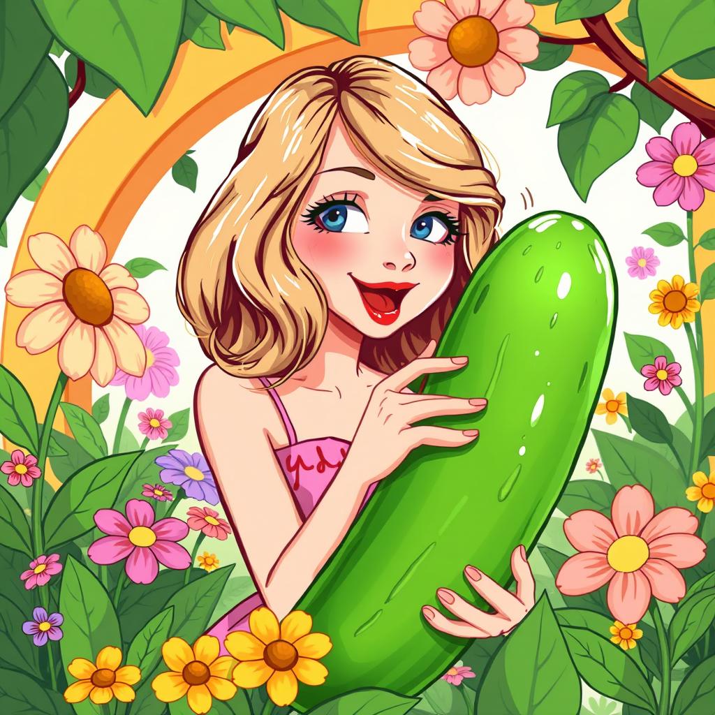 An imaginative and playful illustration of Taylor Swift in a whimsical garden setting, playfully interacting with a cucumber