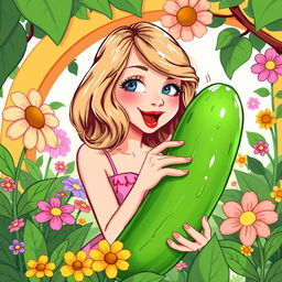 An imaginative and playful illustration of Taylor Swift in a whimsical garden setting, playfully interacting with a cucumber