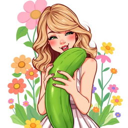 An imaginative and playful illustration of Taylor Swift in a whimsical garden setting, playfully interacting with a cucumber