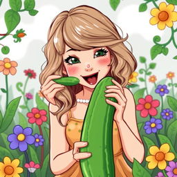 An imaginative and playful illustration of Taylor Swift in a whimsical garden setting, playfully interacting with a cucumber