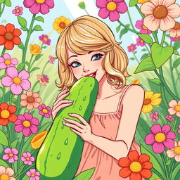 An imaginative and playful illustration of Taylor Swift in a whimsical garden setting, playfully interacting with a cucumber