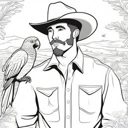 A cowboy, sporting a wide-brimmed hat, shares a moment with a parrot perched on his finger, depicted in a detailed wild-western backdrop ready for colouring