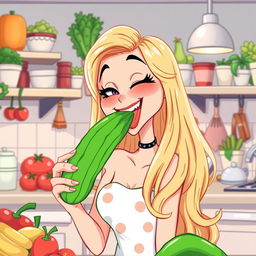 A whimsical and humorous illustration of a female figure styled similar to a pop star, with long blonde hair, playfully licking a bright green cucumber