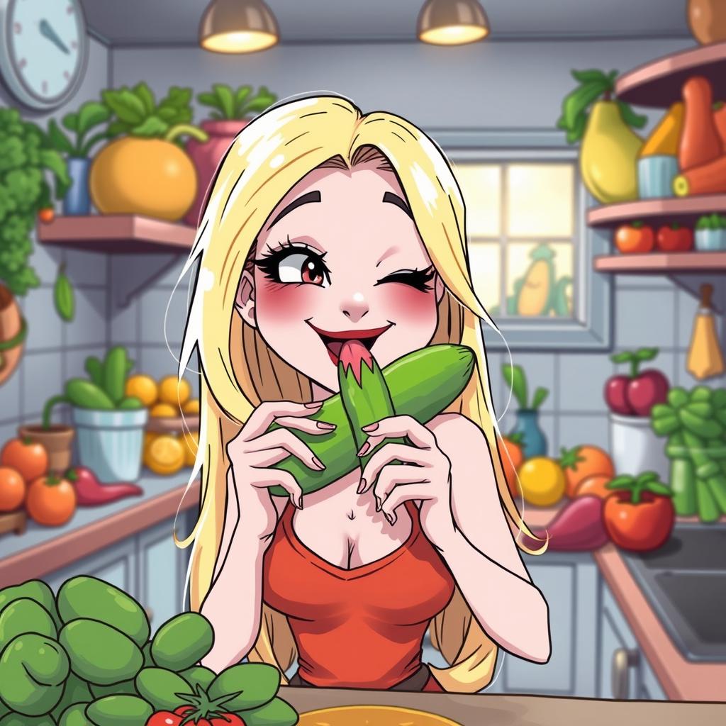 A whimsical and humorous illustration of a female figure styled similar to a pop star, with long blonde hair, playfully licking a bright green cucumber