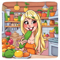 A whimsical and humorous illustration of a female figure styled similar to a pop star, with long blonde hair, playfully licking a bright green cucumber